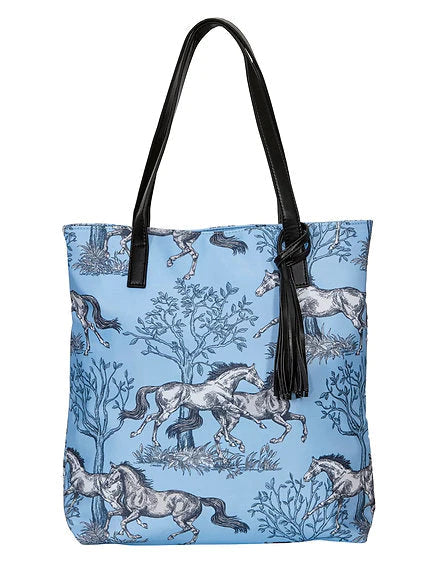 AWST "Lila" Blue Toile Pattern with Tassel Tote Bag